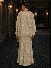 billiga Knöchellänge-A-Line Dress Floor Length Ankle Length Cocktail Dress Mother of the Bride Dress Long Sleeve Scoop Neck Elegant Luxurious Sparkle &amp; Shine Formal Wedding Guest Semi Formal Lace with Beading Sequin