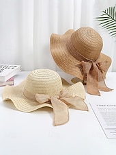 abordables Chapeaux pour femmes-Chapeau de soleil bohème en paille pour femme, chapeau de plage pliable multicolore avec nœud papillon, chapeau à larges bords portable pour une tenue décontractée