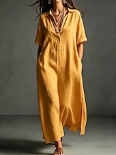 cheap Dresses-Women's Maxi long Dress Linen Dresses Elegant Vacation Loose Fit Plain Short Sleeve Shirt Collar Summer