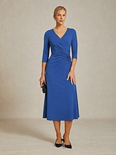 cheap Plain Dress-Women's Maxi Dress Wrap Dress A Line Dress Elegant Daily Wedding Guest Date Ruched Regular Fit Solid Color 3/4 Length Sleeve V Neck Blue