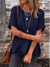 cheap Plain tee-Women's Tee Top Solid Color Vintage Stylish Casual Short Sleeve Boat Neck Regular Tops Daily Going out Vacation Wear Khaki Navy Blue Olive Mint Green Dark Green Summer Spring