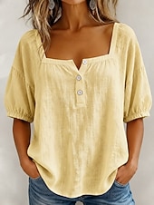 baratos Camiseta lisa-Mulheres Blusa Côr Sólida Diário à moda Básico Manga 3/4 Decote Quadrado Tops regulares Diário Azul Amarelo Rosa Verão Primavera