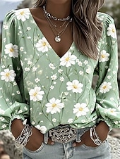 economico Bluse Floreali-Per donna Camicia Stampato Floreale Grafico Bohemien Vacanza Vintage Manica Lunga Manica a Lanterna Scollo a V Top Regolari Casuale Quotidiano Ferie Blu Rosa Viola Verde Estate Primavera