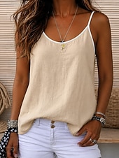  Per donna Gilet in cotone e lino Ricamato Tinta unica Semplice Vintage Senza Maniche Scollo Tondo Top corti Marrone caffè Colore naturale di canapa Blu marino Albicocca Estate Primavera