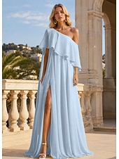 cheap Long Dresses &amp; Gowns-A-Line Floor Length Prom Dresses Elegant Sleeveless One Shoulder Formal Wedding Guest Stretch Chiffon with Ruffles Slit