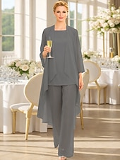 abordables Trajes de pantalón de mamá-Traje de pantalón Traje de 3 piezas Hasta el Suelo Vestido de Madrina Sin Mangas Barco de cuello Elegante Talla Grande Bolero incluido Invitado a la boda Gasa Vestidos de chaqueta con Un Color