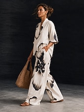 cheap Women's Blouse Suits-Women's Shirt Cotton Linen Sets Pants Sets Short Sleeve Half Sleeve V Neck Floral Graphic Geometric Print Vacation Fashion Streetwear Casual Daily Outdoor Black White Ivory Spring &amp; Summer Loose Fit