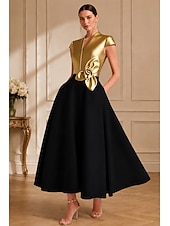 preiswerte Cocktailkleider-A-Linie Tee-Länge Cocktailkleider Partykleider Elegant Farbblock seidig Kurzarm V Ausschnitt Hochzeit Formell Tasche Satin mit Tasche
