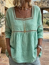  Femmes Chemises en coton et lin Chemisier Couleur Unie Élégant Bohème Manche 3/4 Col carré Hauts Réguliers Extérieur Bleu Blanche Rose Claire Vert Kaki Été Printemps
