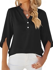 cheap Plain Blouses-Women's Shirt Blouse Buttons Solid Color Fashion Half Sleeve V Neck Regular Tops Daily Black White Fuchsia Summer Spring