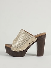 abordables Sandalias de Plataforma-Sandalias doradas de tacón de bloque para mujer: sandalias de plataforma con tacón alto para fiestas nocturnas y ropa de club.