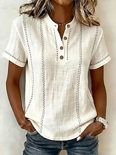 abordables T-shirt uni-Femmes T-shirt Chemise Henley Boutons Rayé Mode Manche Courte Henley Hauts Réguliers Occasionnel Plage Été Blanche Vert Claire bleu marine Bleu Ciel Orange Été Printemps