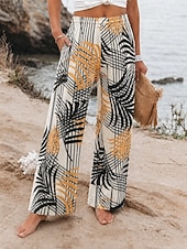 cheap Graphic Pants-Women's Waffle Wide Leg Vacation Basic Full Length Mid Waist Print Comfort Stretchy Vacation Formal Street Blue Summer Spring Loose Fit