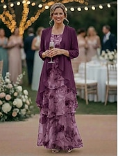 preiswerte Mamas Kleidersets-Zweiteilig A-Linie Bodenlang Kleid für Hochzeitsgäste Brautmutterkleid Ärmellos Dreiviertelarm Rundausschnitt Elegant Einfach Minimalistisch Formell Semi-Formal Chiffon Jacquard mit Blumenmuster