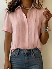 baratos Blusas Simples-Mulheres Blusa Pregueado Botões Côr Sólida Tecido Vintage à moda Casual Manga Curta Colarinho de Camisa Tops regulares Casual Diário Azul Branco Amarelo Rosa Azul Marinha Verão Primavera