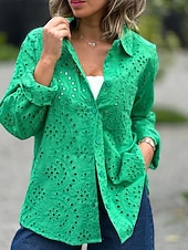 Недорогие Plain Blouses-Women's Blouse Embroidered Buttons Solid Color Elegant Casual Long Sleeve Turndown Regular Tops Casual Daily Holiday White Red Purple Green Summer Spring