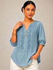 economico Top in Pizzo-Per donna Camicia Top con cuciture in pizzo Ricamato Floreale Elegante Bohemien Etnico Manica 3/4 Scollo a V Top lunghi Casuale Quotidiano Uscire Blu Arancione Verde Primavera Autunno