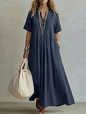 economico Vestito Semplice-abito lungo da donna elegante stile bohémien boho con pieghe, scollo a V, maniche corte, vestibilità ampia, tinta unita, blu chiaro, azzurro, giallo, verde chiaro, estate primavera