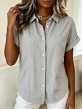 voordelige Strepen- en Geometrische Blouses-Dames Overhemd Knop Afdrukken Grafisch Gestreept Vintage Dagelijks Stijlvol Korte mouw Overhemdkraag Normale tops Casual Dagelijks blauw Zwart Rood Groen Zomer Lente