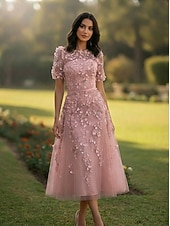 abordables Vestidos de cóctel-A-Line Tea Length Cocktail Dresses Elegant Vintage Floral Short Sleeve Crew Neck Wedding Formal Pink Dress Lace Tulle with Beaded Eembroidered Appliques