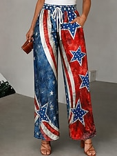  Mujer Pantalones casuales Vacaciones Vintage Básico Largo Alta cinturaPantsDía de la Independencia Americana Graphic Bandera estadounidense Correa Bolsillos laterales Estampado Comodidad
