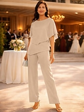 economico Tailleur pantalone della mamma-Due Pezzi Lunghezza al pavimento Abito da cerimonia per signora Manica Corta Collo gioiello Elegante Petite Ospite di nozze Chiffon con Arricciato
