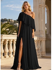 cheap Long Dresses &amp; Gowns-A-Line Floor Length Prom Dresses Elegant Sleeveless One Shoulder Formal Wedding Guest Stretch Chiffon with Ruffles Slit