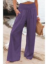 preiswerte Gerade geschnittene Hose-Damen Weites Bein Urlaub Stilvoll Volle Länge Hohe Taille Plissiert Komfort Dehnbar Täglich Strand Violett Marineblau Khaki Schwarz Sommer Frühling Lässiger Schnitt