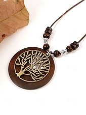 voordelige Dames ketting-Dames boho lange hangerketting - vintage hout &amp;Truienketting van legeringskralen met bladmotief &amp;Levensboom bedeltjes voor een zomervakantie aan het strand, of als casual kleding voor elke dag.