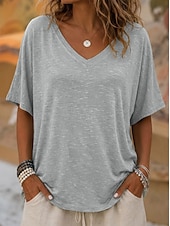 cheap Camiseta lisa-Women's T Shirt Tee Top Solid Color Stylish Casual Short Sleeve V Neck Regular Tops Daily Summer Vacation Wear Blue Khaki White Orange Coffee Summer Spring