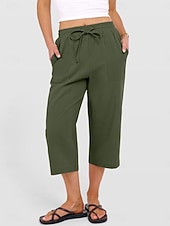 abordables jambe large et taille haute-Femmes Coton Pantalon capri Pantalons à jambes droites Mode Streetwear Occasionnel Longueur mollet Taille haute Uni Avec Poches Ceinture Élastique Confortable Doux Élastique Extérieur Vacances Rue