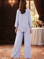 cheap Mom's Pant Suits-Pantsuit Floor Length Mother of the Bride Dress Long Sleeve Scoop Neck Elegant Simple Wedding Guest with Solid Color