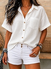 cheap Shirts-Women's Vintage Sand Wash 100% Cotton Texture Pocket Solid Color Plain Short Sleeve Regular Tops Casual White Orange Light Blue Summer