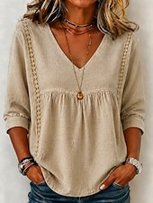  Dames Overhemd Effen Kleur Effen Bohemen Vakantie Vintage V-hals Lange tops Casual blauw Zwart Wit Geel Blozend Roze Zomer Lente
