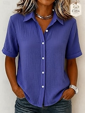 cheap Shirts-Women's 100% Cotton Button Down Shirt Casual Shirt Solid Color Plain Classic Short Sleeve Regular Tops Casual White Navy Blue Purple Summer