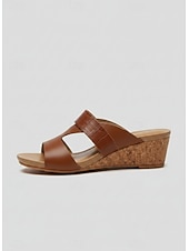 cheap Slide Sandals-Women's Brown Cork Wedge Sandals - Open-Toe Slip-On Summer Slides with Croc-Embossed Straps for Casual &amp; Summer Wear