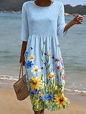 preiswerte Weißes Kleid-Ostern Damen Midikleid Sommerkleid Urlaub Lässig Boho Ferien Lässiger Schnitt Blumen Grafik Halbarm Rundhalsausschnitt Blau Gelb Rosa Violett Sommer Frühling