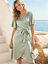  Mujer Vestido hasta la Rodilla Vestido de verano Vestido informal Vestido de una línea Vacaciones Casual Boho Playa Fiesta Cita Ajuste regular Plano Manga Corta Escote en Pico Verde Trébol Verano