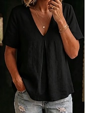  Mujer Camisa Blusa Elegante Bohemia Manga Corta Escote en Pico Tops largos Playa Negro Blanco Azul cielo Morado Dorado Verano Primavera