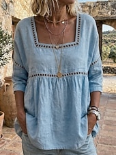  Femmes Chemises en coton et lin Chemisier Couleur Unie Élégant Bohème Manche 3/4 Col carré Hauts Réguliers Extérieur Bleu Blanche Rose Claire Vert Kaki Été Printemps