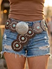 preiswerte Damengürtel-Boho-Gürtel mit runden Conchos für Damen, Western-Taillengürtel aus Kunstleder mit türkisfarbenen Nieten, Vintage-Gürtel mit Concho-Verzierung für Kleider, Festivals, Urlaub, Cowgirl-Look und lässige