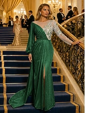 economico Abiti da ballo-Sirena Tromba Strascico da Corte Abito da Sera Abito da ballo con sopragonna Abito formale Elegante Manica Lunga Scollo Illusione Formale Con Paillettes con Pieghe Paillettes
