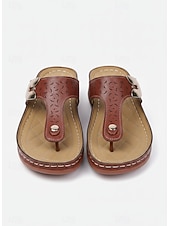 abordables Sandalias deslizantes-Sandalias tipo chanclas de piel sintética marrón para mujer con diseño perforado y detalles metálicos para uso informal y salidas de verano