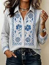 cheap Floral Blouses-Women's Shirt Blouse Ruched Patchwork Embroidered Floral Graphic Vintage Casual Long Sleeve Shirt Collar Regular Tops Casual Daily Blue White Pink Gray Summer Spring Fall Winter