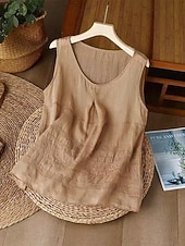 economico Serbatoio Semplice-Per donna Gilet in cotone e lino Arricciato Ricamato Tinta unica Elegante Senza Maniche Senza maniche Scollo Tondo Top Regolari Bianco Rosa Viola Kaki Estate Primavera