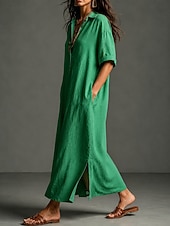cheap Dresses-Women's Maxi long Dress Linen Dresses Elegant Vacation Loose Fit Plain Short Sleeve Shirt Collar Summer