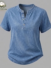 billige Enkle bluser-softfade™ dameskjorte i 100 % bomull, henley, vintage, mote, stilig, kortermet, vanlige topper, avslappet, strand, blå, khaki, svart, lilla, oransje, vår