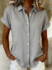 cheap Stripe&amp;Geometric Blouses-Women's Shirt Buttons Print Graphic Striped Vintage Daily Stylish Short Sleeve Shirt Collar Long Tops Casual Daily Blue Pink Grey Summer Spring