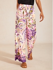 abordables Pantalons-pantalon large en satin soyeux à motif cachemire lavande
