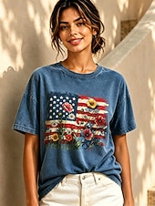  Dia da Independência Americana Mulheres 100% Algodão Camiseta Blusas lavadas estilo vintage Imprimir Gráfico Bandeira americana Vintage Moda à moda Manga Curta Gola Redonda Tops regulares Casual